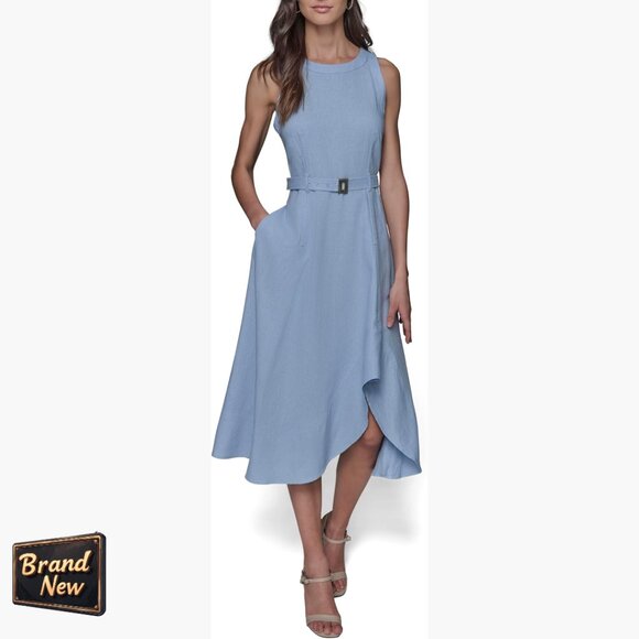 Sleeveless Belted A-Line Midi Dress Lightweight Travel Work Wear
